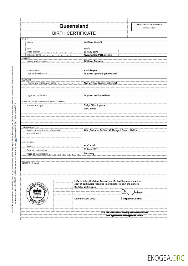 Modèle de certificat de naissance Australie Queensland dans Word